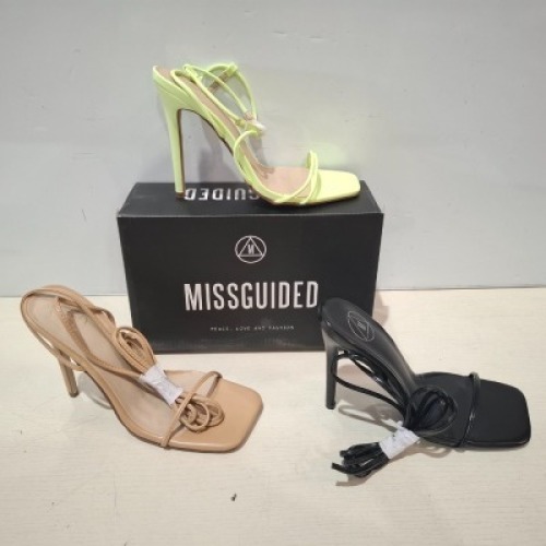 30 X BRAND NEW MIXED MISSGUIDED SHOES CONTAINING ASSYM STRAPPY HEELED SANDAL IN LIME , SQUARE TOE HIGH HEEL TIE UP SANDALS IN SAND ETC ALL IN SIZE 6