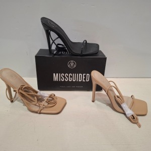 30 X BRAND NEW MIXED MISSGUIDED SHOES CONTAINING ASSYM STRAPPY HEELED SANDAL IN LIME , SQUARE TOE HIGH HEEL TIE UP SANDALS IN BLACK ETC ALL IN SIZE 6