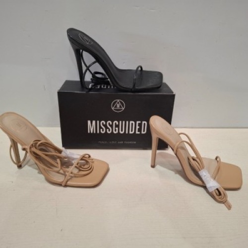 30 X BRAND NEW MIXED MISSGUIDED SHOES CONTAINING ASSYM STRAPPY HEELED SANDAL IN LIME , SQUARE TOE HIGH HEEL TIE UP SANDALS IN BLACK ETC ALL IN SIZE 6