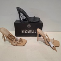 30 X BRAND NEW MIXED MISSGUIDED SHOES CONTAINING ASSYM STRAPPY HEELED SANDAL IN LIME , SQUARE TOE HIGH HEEL TIE UP SANDALS IN BLACK ETC ALL IN SIZE 6
