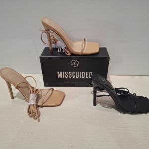 30 X BRAND NEW MIXED MISSGUIDED SHOES CONTAINING SQUARE TOE PERSPEX HIGH HEEL MULES IN SAND , SQUARE TOE HIGH HEEL TIE UP SANDALS IN BLACK ETC ALL IN SIZE 6