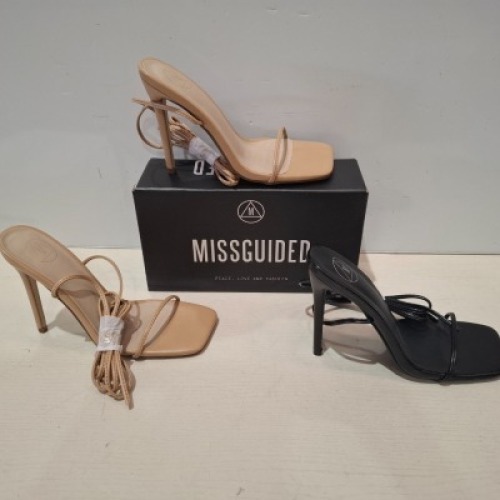 30 X BRAND NEW MIXED MISSGUIDED SHOES CONTAINING SQUARE TOE PERSPEX HIGH HEEL MULES IN SAND , SQUARE TOE HIGH HEEL TIE UP SANDALS IN BLACK ETC ALL IN SIZE 6