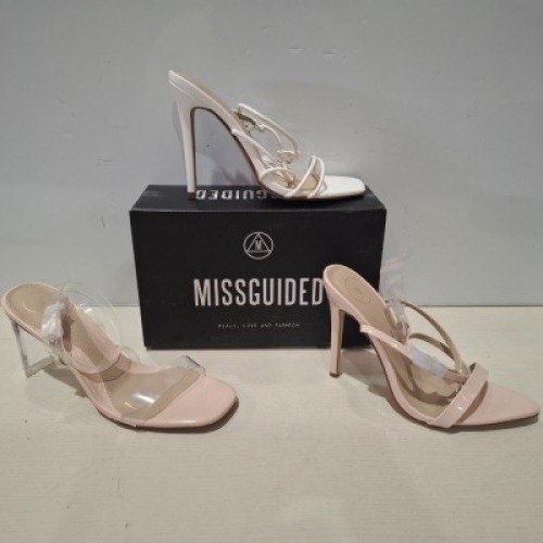 30 X BRAND NEW MIXED MISSGUIDED SHOES CONTAINING PERSPEX COURT SHOE IN CLEAR , ASSYM STRAPPY HIGH HEEL SANDALS IN WHITE , POINTED TOE PATENT BARELY THERE IN NUDE ETC ALL IN SIZE 6
