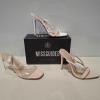 30 X BRAND NEW MIXED MISSGUIDED SHOES CONTAINING PERSPEX COURT SHOE IN CLEAR , ASSYM STRAPPY HIGH HEEL SANDALS IN WHITE , POINTED TOE PATENT BARELY THERE IN NUDE ETC ALL IN SIZE 6