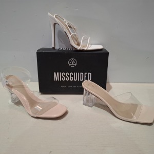 30 X BRAND NEW MIXED MISSGUIDED SHOES CONTAINING ASSYM STRAPPY HIGH HEEL SANDALS IN WHITE , MID CLEAR HEEL BLOCK IN NUDE ETC ALL IN SIZE 6