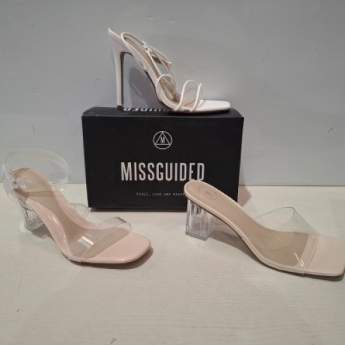 30 X BRAND NEW MIXED MISSGUIDED SHOES CONTAINING ASSYM STRAPPY HIGH HEEL SANDALS IN WHITE , MID CLEAR HEEL BLOCK IN NUDE ETC ALL IN SIZE 6