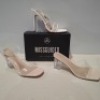 30 X BRAND NEW MIXED MISSGUIDED SHOES CONTAINING ASSYM STRAPPY HIGH HEEL SANDALS IN WHITE , MID CLEAR HEEL BLOCK IN NUDE ETC ALL IN SIZE 6