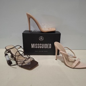 30 X BRAND NEW MIXED MISSGUIDED SHOES CONTAINING FAUX LEATHER PLATFORM TRAINER IN WHITE , QUILTED GRANDAD SANDAL IN GREEN , POINTED TOE PATENT BARELY THERE IN NUDE ETC ALL IN SIZE 6