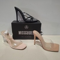 30 X BRAND NEW MIXED MISSGUIDED SHOES CONTAINING EXTREME PLATFORM SATIN HEELED SANDAL IN ORANGE , FAUX LEATHER FLATFORM TRAINER IN WHITE , MID ILLUSION HEEL CLEAR SANDALS IN CLEAR ETC ALL IN SIZE 6