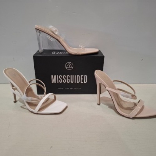 30 X BRAND NEW MIXED MISSGUIDED SHOES CONTAINING POINTED TOE PATENT BARELY THERE IN NUDE , MID ILLUSION HEEL CLEAR SANDALS IN CLEAR , BARELY THERE SQUARE TOE HIGH HEEL IN WHITE ETC ALL IN SIZE 7