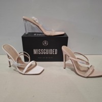 30 X BRAND NEW MIXED MISSGUIDED SHOES CONTAINING POINTED TOE PATENT BARELY THERE IN NUDE , MID ILLUSION HEEL CLEAR SANDALS IN CLEAR , BARELY THERE SQUARE TOE HIGH HEEL IN WHITE ETC ALL IN SIZE 7