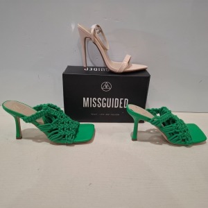 30 X BRAND NEW MIXED MISSGUIDED SHOES CONTAINING CROCHET TIE UP HEELED SANDALS IN GREEN , POINTED TOE PATENT BARELY THERE IN NUDE ETC ALL IN SIZE 7