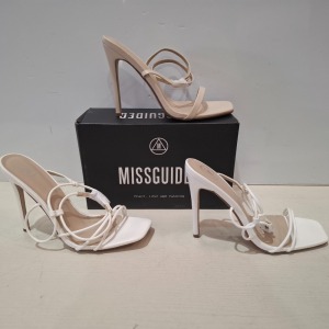 30 X BRAND NEW MIXED MISSGUIDED SHOES CONTAINING EXTREME PLATFORM SATIN HEELED SANDALS IN BLACK , POINTED TOE PATENT BARELY THERE IN NUDE , ASSYM STRAPPY HIGH HEEL SANDALS IN WHITE ETC ALL IN SIZE 7