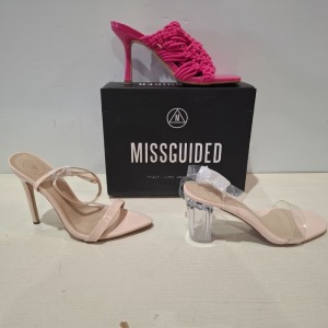 30 X BRAND NEW MIXED MISSGUIDED SHOES CONTAINING EXTREME PLATFORM SATIN HEELED SANDAL IN GREEN , CROCHET TIE UP HEELED SANDALS IN HOT PINK , MID CLEAR HEEL BLOCK IN NUDE ETC ALL IN SIZE 6