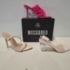30 X BRAND NEW MIXED MISSGUIDED SHOES CONTAINING EXTREME PLATFORM SATIN HEELED SANDAL IN GREEN , CROCHET TIE UP HEELED SANDALS IN HOT PINK , MID CLEAR HEEL BLOCK IN NUDE ETC ALL IN SIZE 6