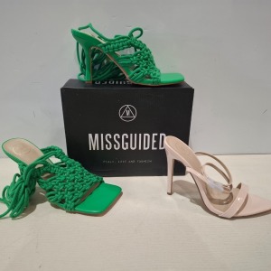 30 X BRAND NEW MIXED MISSGUIDED SHOES CONTAINING POINTED TOE PATENT BARELY THERE IN NUDE , CROCHET TIE UP HEELED SANDALS IN GREEN ETC ALL IN SIZE 6