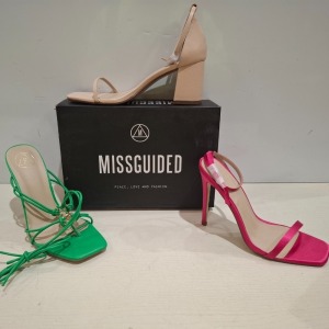 30 X BRAND NEW MIXED MISSGUIDED SHOES CONTAINING CHUNKY FLATFORM GLADIATOR SANDAL IN BLACK , MID HEEL BLOCK BARELY THERE IN SAND , STRAPPY RING DETAIL HEELED SANDALS IN GREEN ETC ALL IN SIZE 7