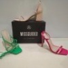 30 X BRAND NEW MIXED MISSGUIDED SHOES CONTAINING CHUNKY FLATFORM GLADIATOR SANDAL IN BLACK , MID HEEL BLOCK BARELY THERE IN SAND , STRAPPY RING DETAIL HEELED SANDALS IN GREEN ETC ALL IN SIZE 7