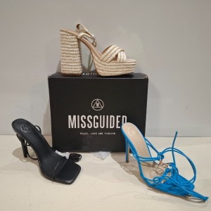 30 X BRAND NEW MIXED MISSGUIDED SHOES CONTAINING WF HIGH HEEL BLOCK BARELY THERE SANDALS IN SAND , SQUARE TOE HIGH HEEL TIE UP SANDALS IN CHOCOLATE , STRAPPY RING DETAIL HEELED SANDAL IN BLUE ETC ALL IN SIZE 7