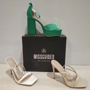 30 X BRAND NEW MIXED MISSGUIDED SHOES CONTAINING EXTREME PLATFORM SATIN HEELED SANDAL IN GREEN , WF BARELY THERE SQUARE TOE HIGH HEELS IN NUDE ETC ALL IN SIZE 8