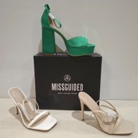 30 X BRAND NEW MIXED MISSGUIDED SHOES CONTAINING EXTREME PLATFORM SATIN HEELED SANDAL IN GREEN , WF BARELY THERE SQUARE TOE HIGH HEELS IN NUDE ETC ALL IN SIZE 8