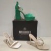 30 X BRAND NEW MIXED MISSGUIDED SHOES CONTAINING EXTREME PLATFORM SATIN HEELED SANDAL IN GREEN , WF BARELY THERE SQUARE TOE HIGH HEELS IN NUDE ETC ALL IN SIZE 8