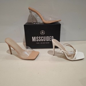 30 X BRAND NEW MIXED MISSGUIDED SHOES CONTAINING HIGH HEEL BLOCK BARELY THERE SANDALS IN SAND , CHUNKY FLATFORM IN BLUE , POINTED TOE PERSPEX STILETTO IN NUDE ETC ALL IN SIZE 8
