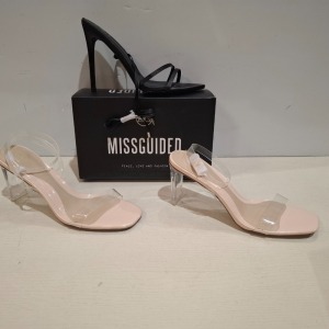 30 X BRAND NEW MIXED MISSGUIDED SHOES CONTAINING MID ILLUSION HEEL CLEAR SANDALS IN CLEAR , WF SATIN POINTED LACE UP BARELY THERE IN BLACK , ETC ALL IN SIZE 8