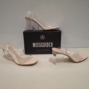 30 X BRAND NEW MIXED MISSGUIDED SHOES CONTAINING MID CLEAR HEEL BLOCK IN NUDE , MID ILLUSION HEEL IN CLEAR , WF SATIN POINTED LACE UP BARELY THERE IN BLACK ETC ALL IN SIZE 8