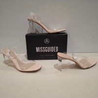 30 X BRAND NEW MIXED MISSGUIDED SHOES CONTAINING MID CLEAR HEEL BLOCK IN NUDE , MID ILLUSION HEEL IN CLEAR , WF SATIN POINTED LACE UP BARELY THERE IN BLACK ETC ALL IN SIZE 8
