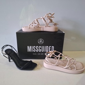 30 X BRAND NEW MIXED MISSGUIDED SHOES CONTAINING CHUNKY FLATFORM GLADIATOR SANDAL IN SAND , EXTREME PLATFORM CORK HEELED MULES IN TAN , WIDE FIT BARELY THERE IN BLACK ETC ALL IN SIZE 3