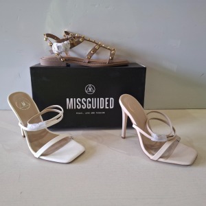 30 X BRAND NEW MIXED MISSGUIDED SHOES CONTAINING WF BARELY THERE SQUARE TOE HIGH HEELS IN WHITE , DOME STUD GLADIATOR SANDAL IN TAUPE , WF BARELY THERE SQUARE TOE HIGH HEEL IN NUDE ETC ALL IN SIZE 3