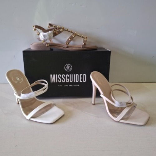 30 X BRAND NEW MIXED MISSGUIDED SHOES CONTAINING WF BARELY THERE SQUARE TOE HIGH HEELS IN WHITE , DOME STUD GLADIATOR SANDAL IN TAUPE , WF BARELY THERE SQUARE TOE HIGH HEEL IN NUDE ETC ALL IN SIZE 3