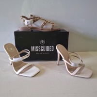 30 X BRAND NEW MIXED MISSGUIDED SHOES CONTAINING WF BARELY THERE SQUARE TOE HIGH HEELS IN WHITE , DOME STUD GLADIATOR SANDAL IN TAUPE , WF BARELY THERE SQUARE TOE HIGH HEEL IN NUDE ETC ALL IN SIZE 3