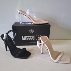 30 X BRAND NEW MIXED MISSGUIDED SHOES CONTAINING EXTREME PLATFORM SATIN HEELED SANDAL IN GREEN , WF BARELY THERE SQUARE TOE HIGH HEELS IN NUDE , BASIC BARELY THERE IN BLACK ETC ALL IN SIZE 3