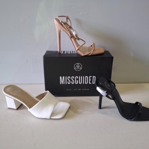 30 X BRAND NEW MIXED MISSGUIDED SHOES CONTAINING WF BARELY THRE SQUARE TOE HIGH HEELS IN WHITE , ASSYM STRAPPY HIGH HEEL SANDALS IN WHITE , BASIC BARELY THERE IN BLACK ETC ALL IN SIZE 4