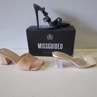 30 X BRAND NEW MIXED MISSGUIDED SHOES CONTAINING SQUARE TOE BLOCK HEEL MULE SANDALS IN WHITE , WF SATIN POINTED LACE UP BARELY THERE IN BLACK ETC ALL IN SIZE 4