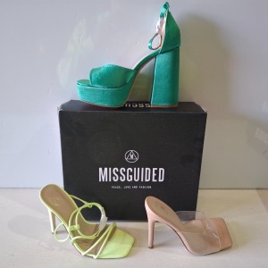 30 X BRAND NEW MIXED MISSGUIDED SHOES CONTAINING SQUARE TOE PERSPEX HIGH HEEL MULES IN SAND , ASSYM STRAPPY HEELED SANDAL IN LIME , EXTREME PLATFORM SATIN HEELED SANDALS IN GREEN ETC ALL IN SIZE 4