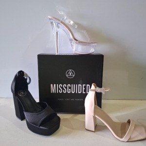 30 X BRAND NEW MIXED MISSGUIDED SHOES CONTAINING WF HIGH HEEL BLOCK BARELY THERE SANDALS IN SAND , CLEAR PLATFORM STILETTO HEELED SANDAL IN CLEAR , EXTREME PLATFORM SATIN HEELED SANDAL IN BLACK ETC ALL IN SIZE 5
