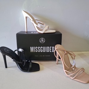 30 X BRAND NEW MIXED MISSGUIDED SHOES CONTAINING ASSYM STRAPPY HIGH HEEL SANDALS IN NUDE , BASIC BARELY THERE IN BLACK , WF BARELY THERE SQUARE TOE HIGH HEELS IN WHITE ETC ALL IN SIZE WHITE ETC ALL IN SIZE 5