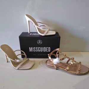 30 X BRAND NEW MIXED MISSGUIDED SHOES CONTAINING DOME STUD GLADIATOR SANDAL IN ROSE GOLD , EXTREME PLATFORM SATIN HEELED SANDAL IN GREEN , WF BARELY THERE SQUARE TOE HIGH HEELS IN WHITE ETC ALL IN SIZE 5