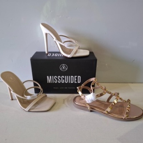 30 X BRAND NEW MIXED MISSGUIDED SHOES CONTAINING DOME STUD GLADIATOR SANDAL IN ROSE GOLD , EXTREME PLATFORM SATIN HEELED SANDAL IN GREEN , WF BARELY THERE SQUARE TOE HIGH HEELS IN WHITE ETC ALL IN SIZE 5