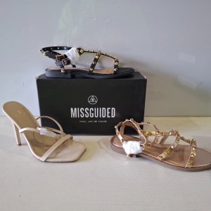 30 X BRAND NEW MIXED MISSGUIDED SHOES CONTAINING DOME STUD GLADIATOR SANDAL IN ROSE GOLD , WF BARELY THERE SQUARE TOE HIGH HEELS IN WHITE ETC ALL IN SIZE 5