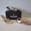 30 X BRAND NEW MIXED MISSGUIDED SHOES CONTAINING DOME STUD GLADIATOR SANDAL IN ROSE GOLD , WF BARELY THERE SQUARE TOE HIGH HEELS IN WHITE ETC ALL IN SIZE 5