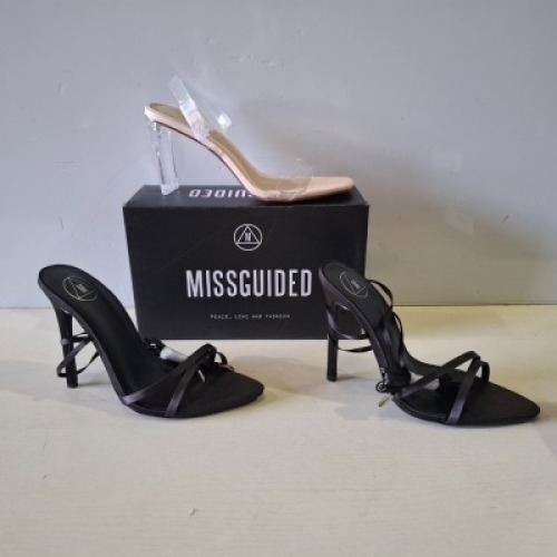 30 X BRAND NEW MIXED MISSGUIDED SHOES CONTAINING CLEAR PLATFORM STILETTO HEELED SANDAL IN CLEAR , WF SATIN POINTED LACE UP BARELY THERE IN BLACK , EXTREME PLATFORM SATIN HEELED SANDALS IN BLACK ETC ALL IN SIZE 5