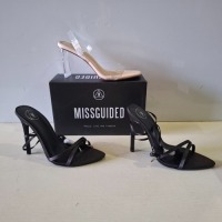 30 X BRAND NEW MIXED MISSGUIDED SHOES CONTAINING CLEAR PLATFORM STILETTO HEELED SANDAL IN CLEAR , WF SATIN POINTED LACE UP BARELY THERE IN BLACK , EXTREME PLATFORM SATIN HEELED SANDALS IN BLACK ETC ALL IN SIZE 5