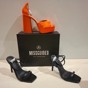 30 X BRAND NEW MIXED MISSGUIDED SHOES CONTAINING DOME STUD GLADIATOR SANDAL IN ROSE GOLD , BASIC BARELY THERE IN BLACK , EXTREME PLATFORM SATIN HEELED SANDAL IN ORANGE ETC ALL IN SIZE 6