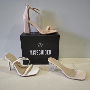 30 X BRAND NEW MIXED MISSGUIDED SHOES CONTAINING BASIC BARELY THERE IN BLACK , PERSPEX BLOCK HEEL MULE SANDAL IN SAND , MID CLEAR BLOCK HEEL IN NUDE ETC ALL IN SIZE 6