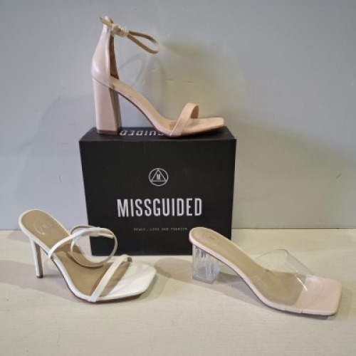 30 X BRAND NEW MIXED MISSGUIDED SHOES CONTAINING BASIC BARELY THERE IN BLACK , PERSPEX BLOCK HEEL MULE SANDAL IN SAND , MID CLEAR BLOCK HEEL IN NUDE ETC ALL IN SIZE 6