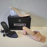 30 X BRAND NEW MIXED MISSGUIDED SHOES CONTAINING SQUARE TOE BLOCK HEEL MULE SANDALS IN SAND , WF SATIN POINTED LACE UP BARELY THERE IN BLACK , PERSPEX BLOCK HEEL MULE SANDAL IN SAND ETC ALL IN SIZE 6